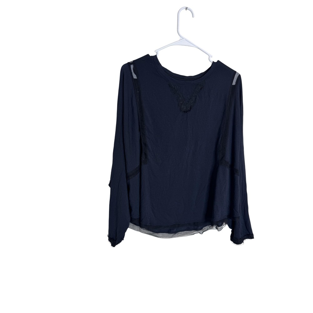 Free People Intimately Shirt Womens Medium Navy Mesh Trim Long Sleeve Top
